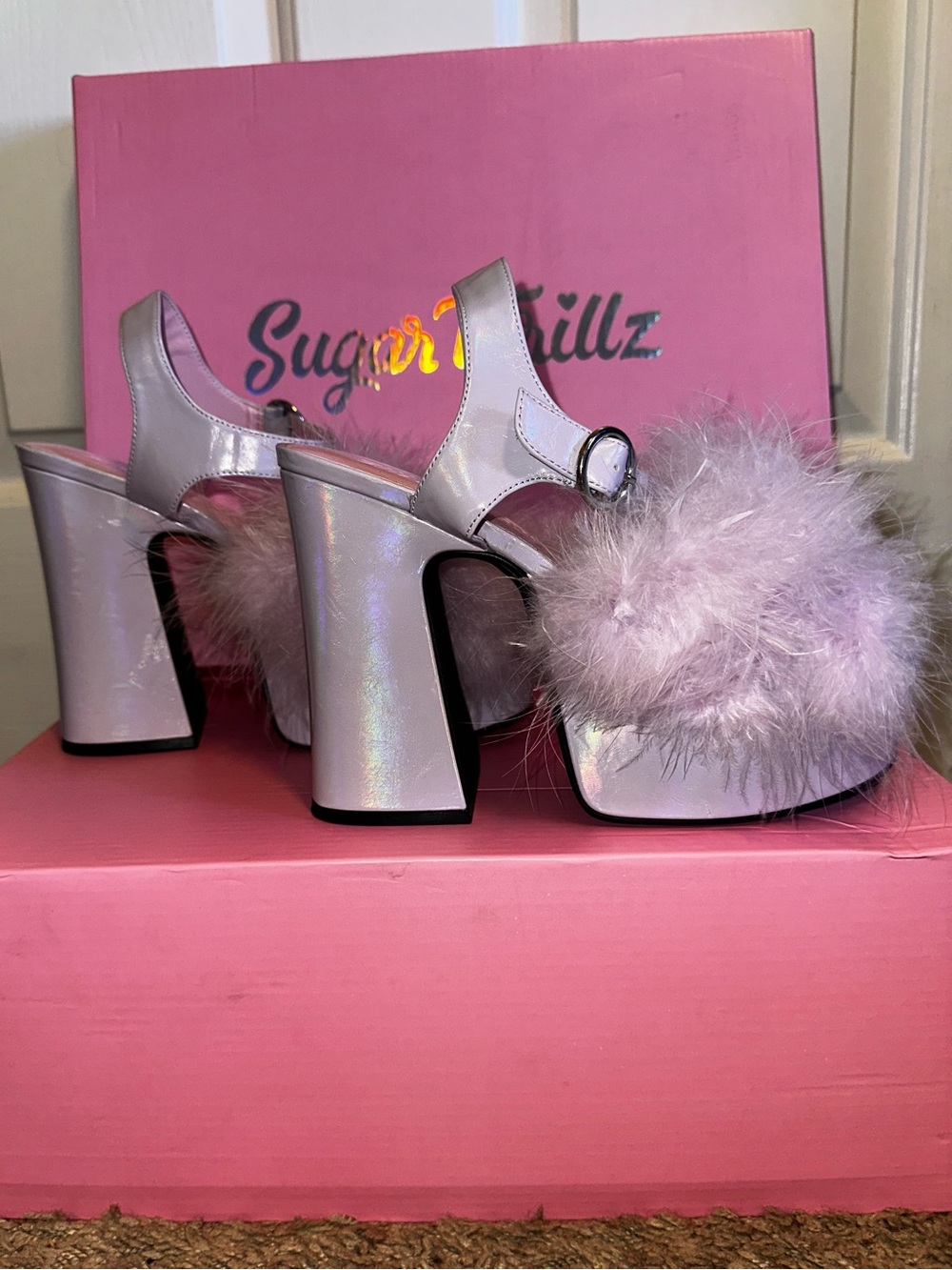 Sugar Thrillz Dolls Kill ‘BLUSHIN' N' CRUSHIN' Marabou Heels Purple 9 NWOB